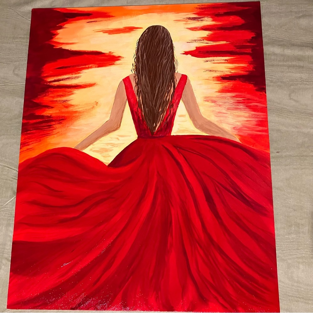 Red Dress Acrylic Painting on Canvas Board